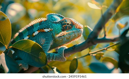 A striking image of a vividly colored chameleon cautiously navigating a leafy branch, showcasing its unique adaptation and camouflage abilities in a natural setting.