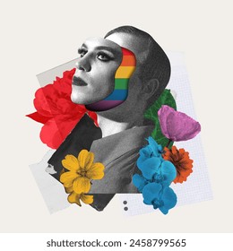 Striking image of young man with makeup and rainbow elements appearing from head. Contemporary artwork. Pride in identity. Concept of LGBT, equality, pride month, support, love, human rights, event - Powered by Shutterstock