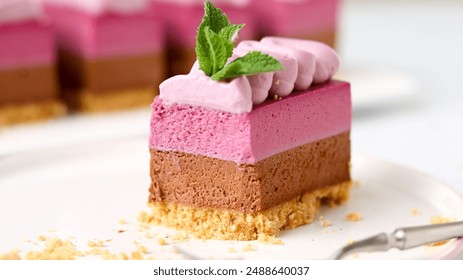 Striking layered mousse bars in pink and chocolate hues, each topped with a sculpted mousse ribbon and a fresh mint leaf, elegantly served on a white plate - Powered by Shutterstock