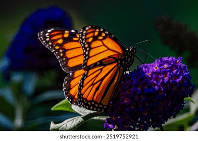 A striking monarch butterfly rests on a vibrant purple butterfly bush, feeding on nectar. The close-up reveals the butterfly's intricate wing patterns and the rich colors of the bloom.  - Powered by Shutterstock