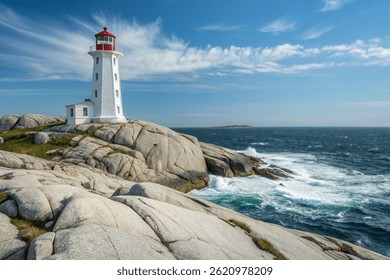 Striking Peggy's Cove Lighthouse Standing Tall on Smooth White Rocks Overlooking the Powerful Atlantic Ocean Under a Bright Blue Sky, Nova Scotia