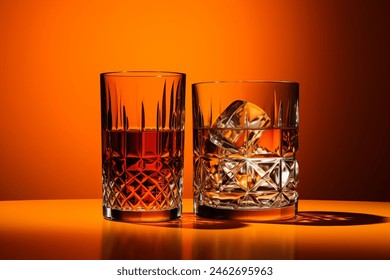 A striking photograph featuring two intricately designed whiskey glasses placed on a vibrant orange background. - Powered by Shutterstock