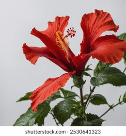 A striking red hibiscus bloom with velvety petals radiates vivid color. Its bold hue contrasts against deep green leaves, showcasing nature's brilliance and delicate beauty in this captivating floral  - Powered by Shutterstock