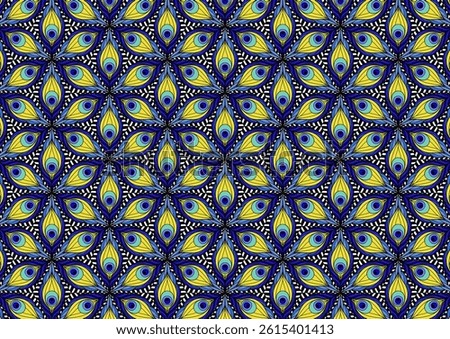 A striking seamless pattern featuring geometric shapes inspired by peacock feathers. This ornate design showcases a repeating motif in vibrant shades of blue, yellow, green, and black for textile