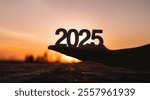 A striking silhouette of a hand holding the number 2025 against a warm sunset backdrop, conveying themes of hope and new beginnings as the year approaches, inviting reflection and optimism.