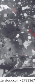 A striking vertical abstract composition dominated by moody shades of gray, black, and white, featuring dynamic paint splatters, circular spots, and fluid, textured strokes. Vivid splashes of deep red add sharp contrast and visual energy, while a smooth, elongated curved form near the bottom introduces an organic element. The layered textures, speckled details, and blending tones create a raw, expressive, and contemporary artistic feel, blending chaos and structure in a monochromatic palette with bold color highlights.