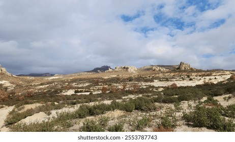 Striking view of the rocky hills in the north of the Kirkinler Byzantine Rock Monastery in Iscehisar district of Afyonkarahisar province in the western Anatolia in Turkey. - Powered by Shutterstock