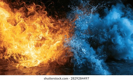 A striking visual representation of the opposing forces of fire and water, captured in a moment of intense interaction and contrast.