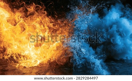 A striking visual representation of the opposing forces of fire and water, captured in a moment of intense interaction and contrast.
