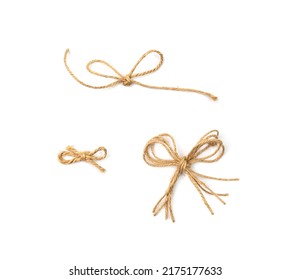 String bow isolated. Jute rope bows, packaging cord knots, knotted rustic gift, eco-friendly natural rope bow