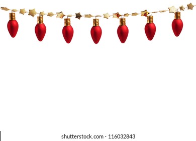 String Of Christmas Ornament Lights On Gold Garland