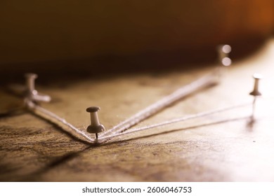 String Connected Push Pins on Map Representing Navigation and Travel Planning Concept