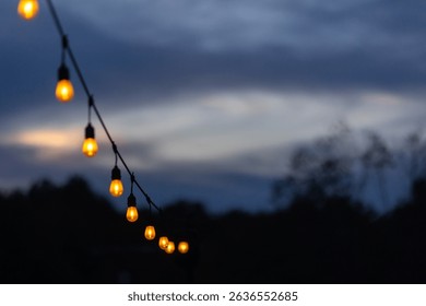 A string of glowing edison light bulbs hung on a patio creates a festive outdoor party vibe against a purple dusk sky.