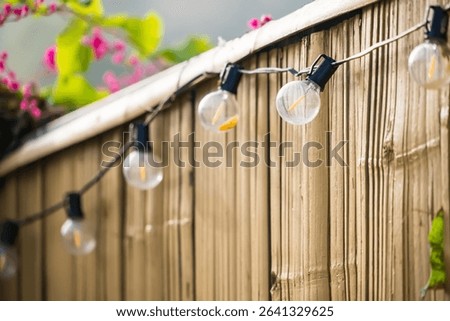 String lights with exposed filament bulbs hanging on a wooden fence in an outdoor setting with blurred flowers in the background