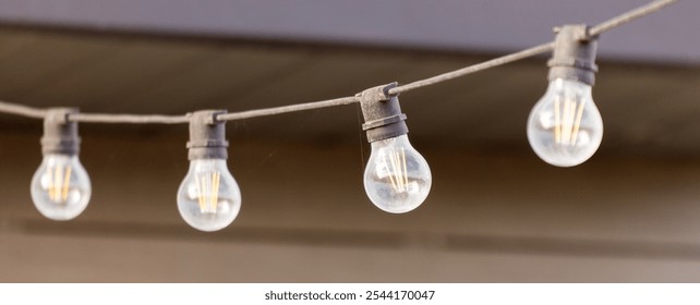 A string of lights with four bulbs hanging from a wire. The bulbs are clear and white. The lights are hanging from a wire and are not lit