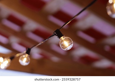 A string of lights hanging from a ceiling, suitable for party or event decorations.