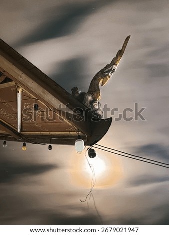 A string of lights hangs below the roof's edge, with one bulb glowing brightly and casting a strong, circular flare of light. The night sky above is filled with soft, textured clouds, creating a drama
