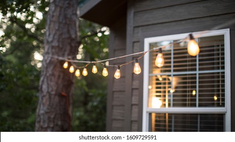 String Of Lights Outdoors In The Woods At Dusk.