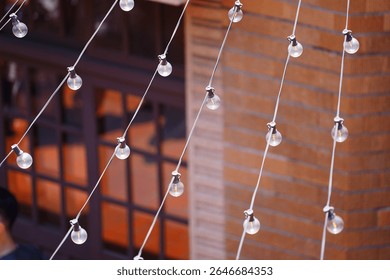 String lights with round bulbs hanging diagonally against a brick wall and window background.