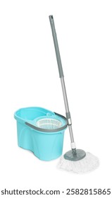 String mop and bucket isolated on white. Cleaning equipment