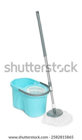 String mop and bucket isolated on white. Cleaning equipment