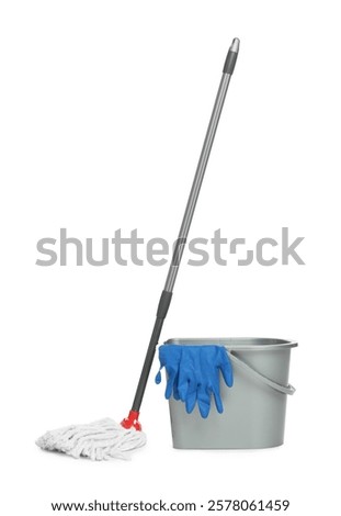 String mop, gloves and bucket isolated on white. Cleaning equipment