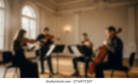 String quartet performing in a grand with sunlit concert hall with elegant architecture.