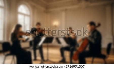 String quartet performing in a grand with sunlit concert hall with elegant architecture.