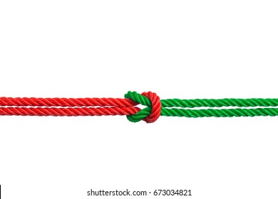 String Of Red And Green Rope Knot, Harmoniousness, Harmony, Rapport, Unity, Business Concept, Isolated On White Background