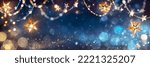 String Star Lights In Blue Defocused Abstract Background With Glittering And Bokeh