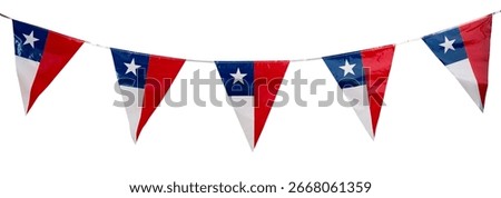 String of triangular chilean flags hanging against a white background, celebrating chilean national holidays