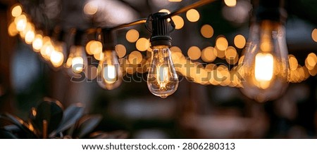 A string of vintage Edison light bulbs glows warmly, with a soft bokeh effect in the background, creating a cozy ambiance.