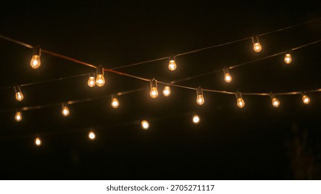 String of warm glowing light bulbs hanging in dark night
