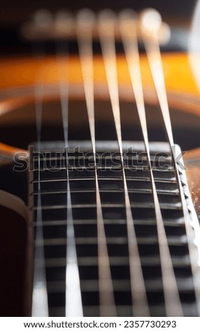 Strings on an acoustic guitar. Close-up.