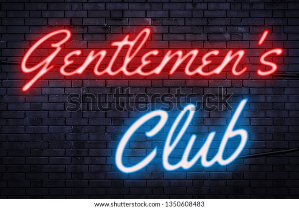 Strip club, striptease and nightlife concept theme\
with a red and blue light neon sign against a brick wall with the\
text gentlemen\'s club