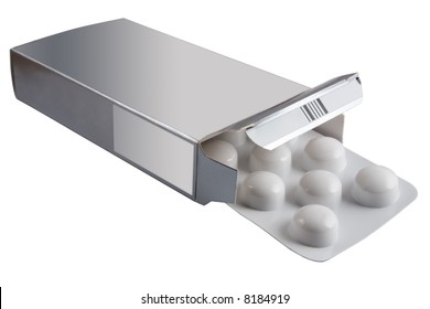 Strip of Medication in a box on a white background with copy space - Shutterstock ID 8184919