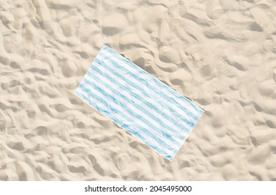 Striped Beach Towel On Sand, Aerial View