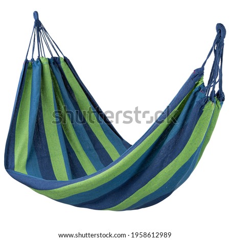 striped blue-green hammock without wooden slats, hanging, levitating, on a white background, isolate