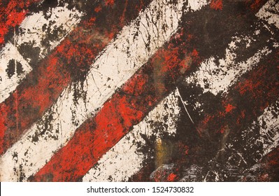 Striped damaged texture with cracks and white-red stripes.Post-apocalyptic background with colorful stripes. Destroyed sign dimensional transport with cracks and spots.