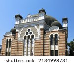 The striped facade of the Sofia Synagogue, the largest synagogue in Southeastern Europe.  Image has copy space.