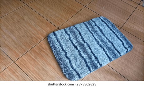 Striped fur floor mat on floor with wood patterned vinyl - Shutterstock ID 2393302823