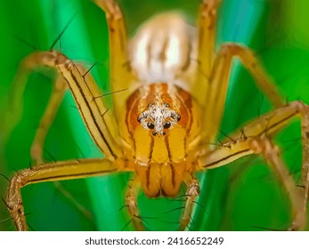 A striped lynx spider (Oxyopes salticus) perched on the grass