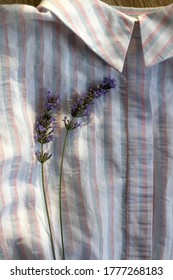 Striped Pastel Blouse And Lavender Flower. Top View.