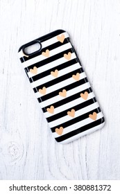 Striped Phone Case With Little Hearts On Retro Wooden Background