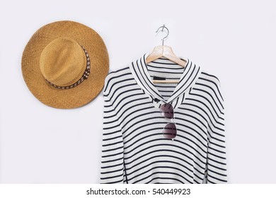 Striped Shirt On Wooden Clothes With Hat Rack Isolated