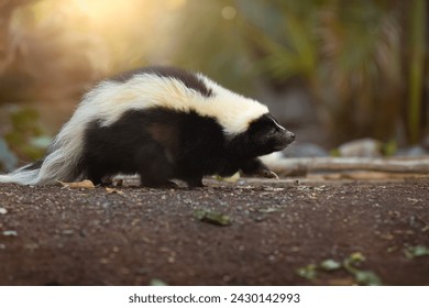 Striped skunk, Mephitis mephitis, North America's popular cartoon animal, black and white hairy omnivore, ground level photo, side view, illuminated by sun in background.