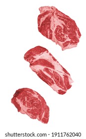 Striploin Beef Steak Isolated On White Background, Overhead View. Uncooked Prime Beef Raw Steak. Single Raw Sirloin Steak From Marbled Beef On White Background. Black Angus Chuck Beefsteak Meat.