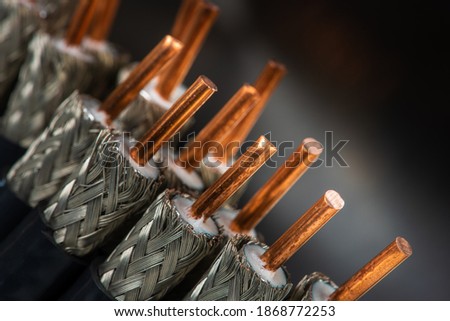 Stripped coax cable closeup on dart soft background Foto d'archivio © 