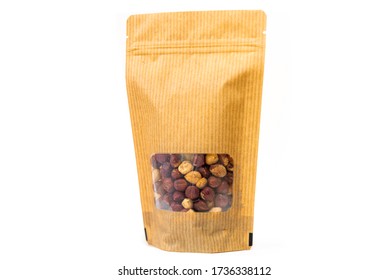 Stripped Paper Doypack Food Packaging, Bag Filled With Hazelnuts With Window And Zipper On White Background