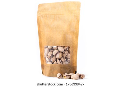 Stripped Paper Doypack Pouch Filled With Dry Fruit, Flexible Packaging With Window Zipper On White Background